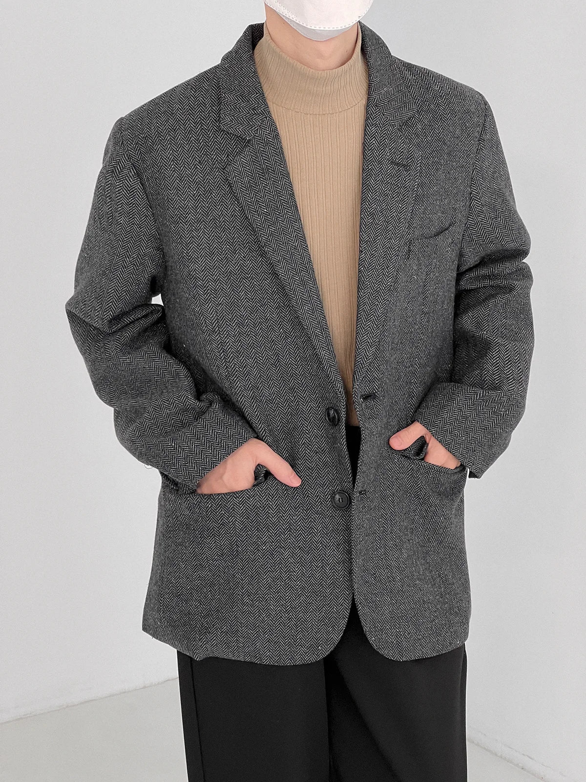 sanyamk -  Fashion Casual Men's Long Sleeve Single-breasted Thickned Autumn Winter Tweed Blazer New Korean Chic Suit Coat 2D1352