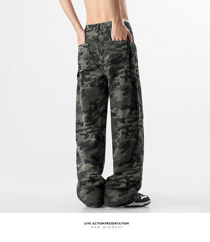 sanyamk American camouflage jeans women's spring and autumn loose straight overalls large wide leg camo pants ins high street fashion