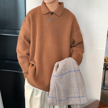 Bonsir Winter Men's Sweater Solid Color Turn-down Collar Sweater Pullover Oversize Harajuku Streetwear Knitwear Men Clothing