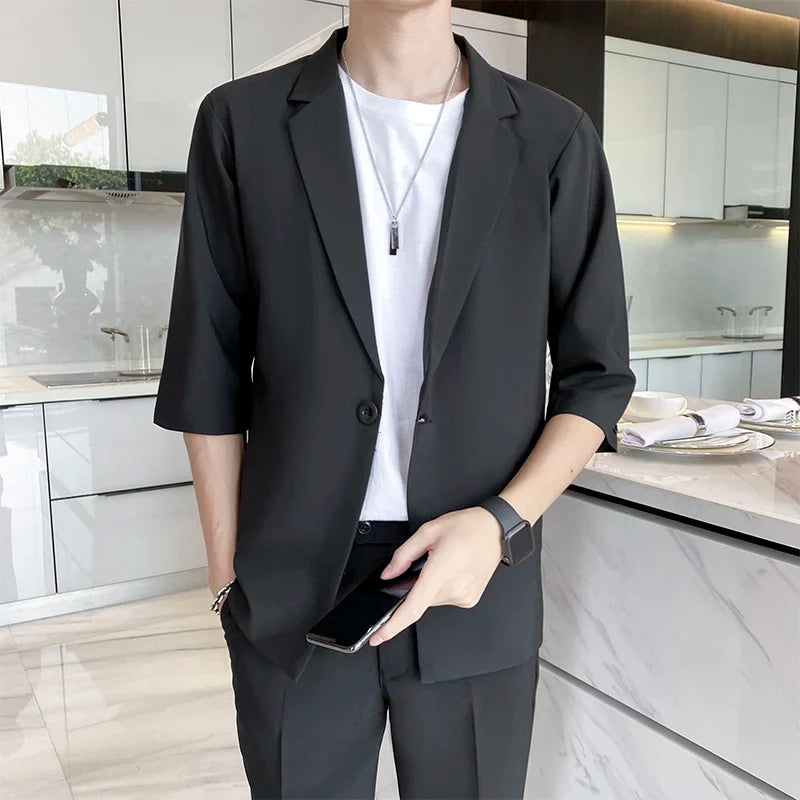 sanyamk Summer Short Sleeved Blazer Men Slim Fit Fashion Social Mens Dress Jacket Korean Casual Suit Jacket Mens Office Formal Jackets