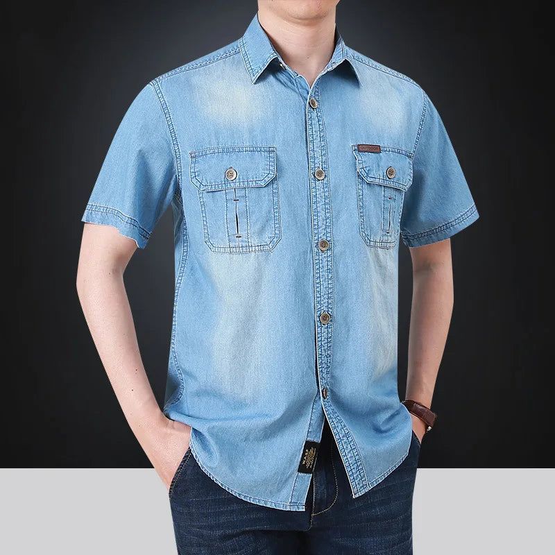 sanyamk Summer New Simple Polo Collar Men Denim Short Sleeve Shirt Comfortable Thin Mens Top Casual Loose Male Shirts