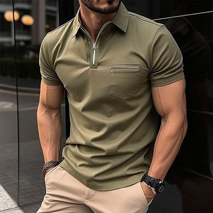 sanyamk Casual Slim Short Sleeve Lapel T-shirts Men Fashion Zipper Design Polo Shirt Summer Leisure Pure Color Slim Tops Mens Shirt