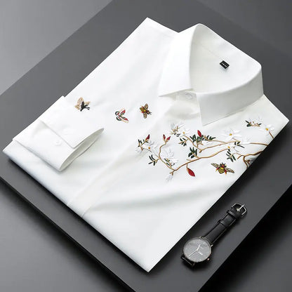 sanyamk New Spring and Autumn Premium Chinoiserie Embroidery Polo Long Sleeve Slim Fashion Casual Business Men's Versatile Shirt