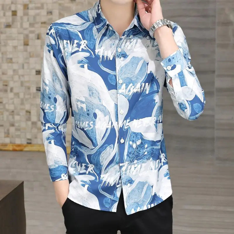 sanyamk Spring Summer Polo-neck Fashion Printed Long Sleeve Blouse Homme Vintage Buttons Top Men Personity Trend Shirt Hombre Cardigan