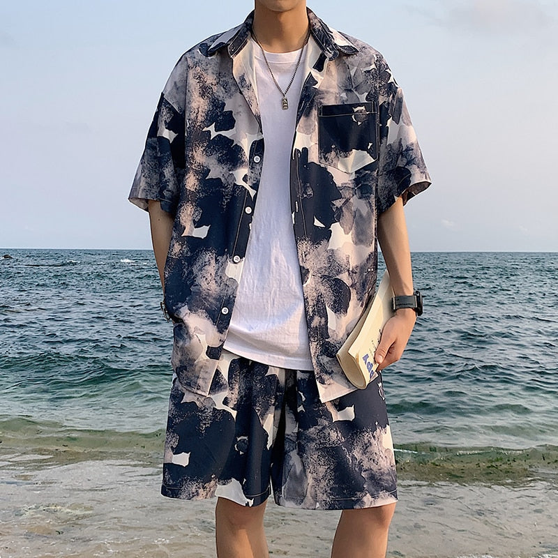 sanyamk Summer Men Shorts Set Matching Shirts Letter Striped Floral Printing Lightweight Short Sleeve Elastic Waist Oversize Suit Man