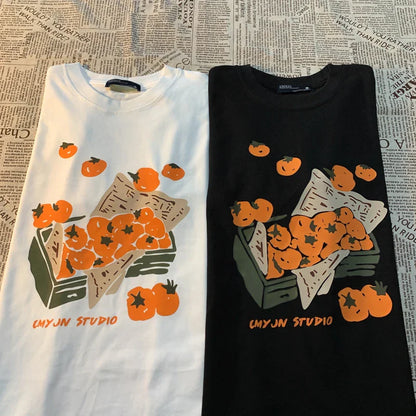 sanyamk Original Box Of Orange American Retro Fun Print Men Women Tees Loose And Versatile BF Pure Cotton Couple Short Sleeve T-shirt