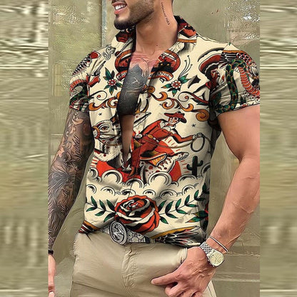 Bonsir Fashion Skull Printed Short Sleeve Shirts Men's Beach Clothes Summer Casual Button-up Lapel Shirt Tops Men Streetwear Shirt