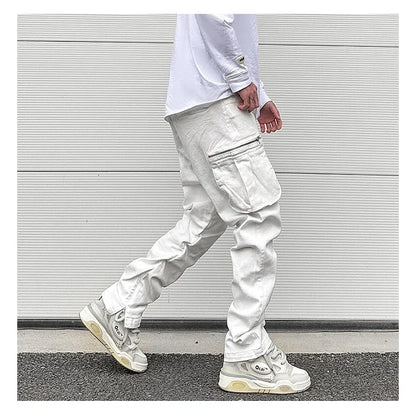 sanyamk Streetwear Retro White Black Pleated Tapered Jeans Side Pockets Zipper Hem Casual Jeans Baggy Men's Fashion Straight Denim Pants