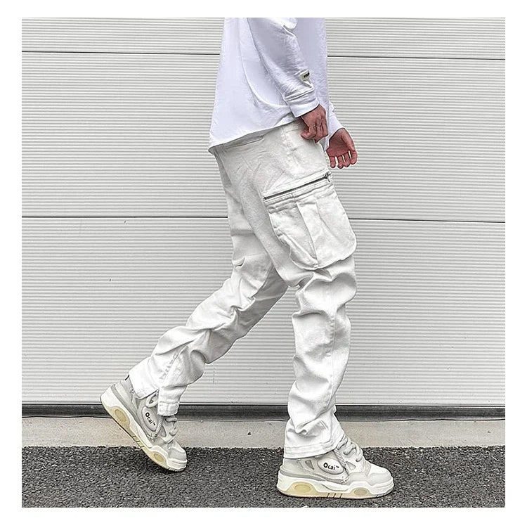 Bonsir Streetwear Retro White Black Pleated Tapered Jeans Side Pockets Zipper Hem Casual Jeans Baggy Men's Fashion Straight Denim Pants