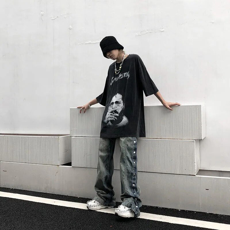 Bonsir Jeans Men Washed Old Breasted Oversized Denim Pants New Harajuku Fashion Casual Retro Loose Hip Hop Straight Trousers Streetwear