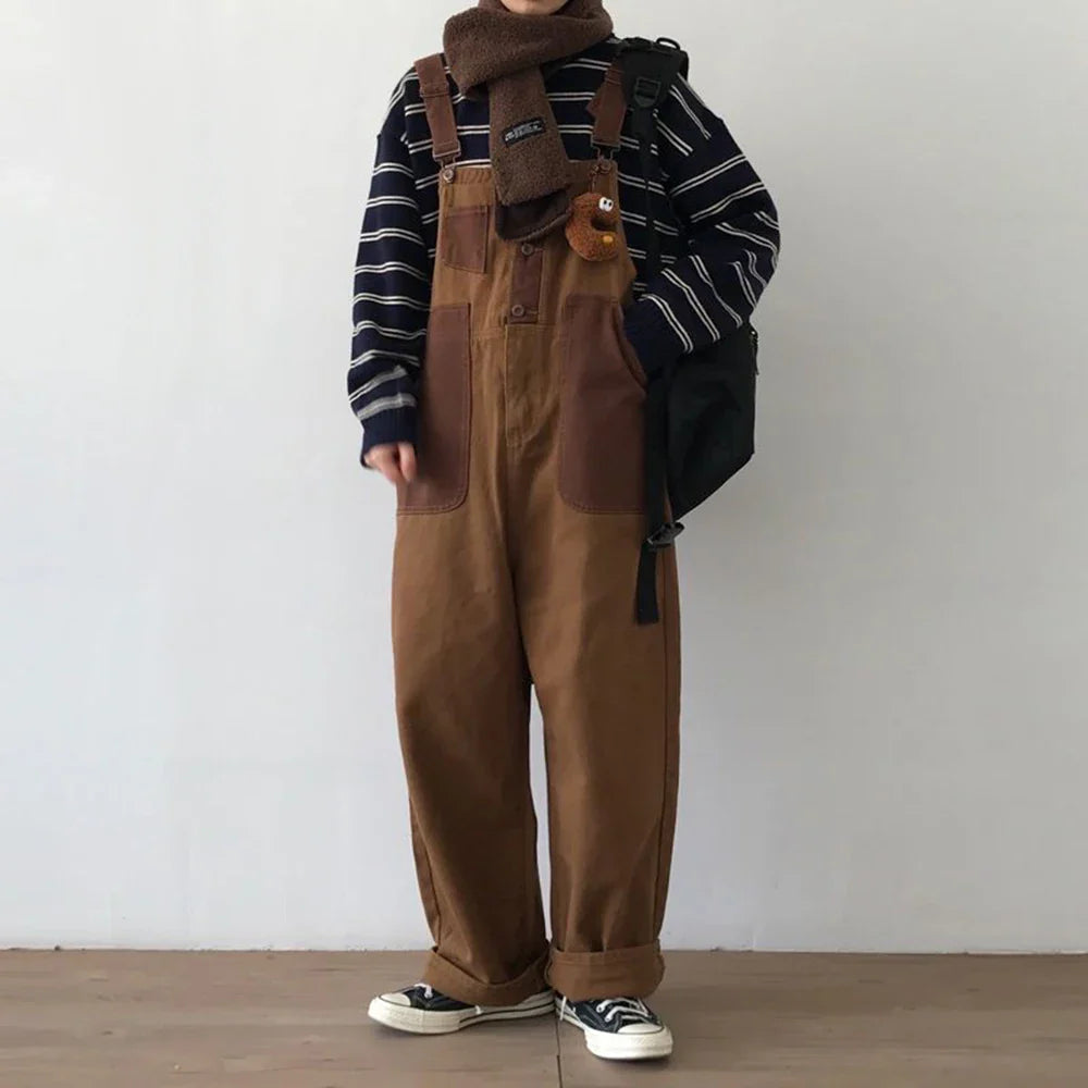 sanyamk Mens Japanese Workwear Style Casual Jumpsuit 2024 New Genderless Fashion Trend Loose Color Blocking Versatile Overalls Unisex