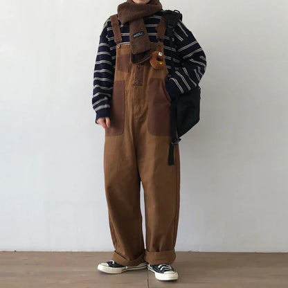 sanyamk Mens Japanese Workwear Style Casual Jumpsuit 2024 New Genderless Fashion Trend Loose Color Blocking Versatile Overalls Unisex