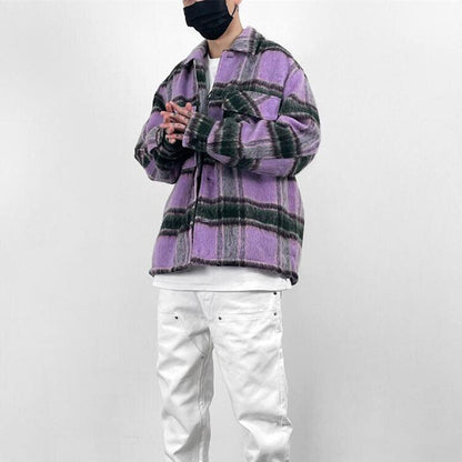 sanyamk High Street Retro Pockets Color Block Checkered Lapel Men's Wool Jackets Autumn and Winter Thick Casual Windbreaker Loose Coat