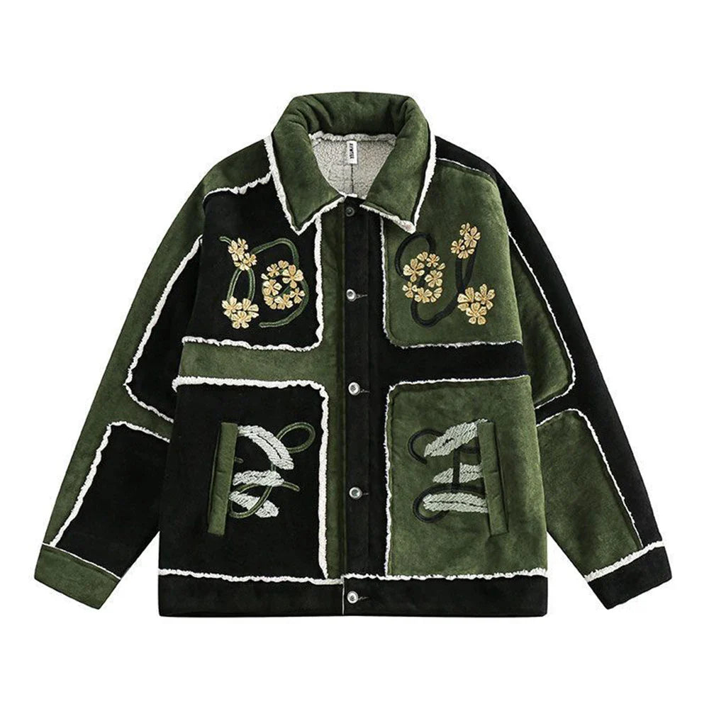 sanyamk Mens Contrast Color Embroidered Suede Jacket 2024 New Autumn  Winter Genderless Fashion Floral Youth Trend Retro Jacket Unisex