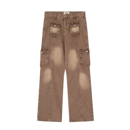 sanyamk High Street Washed Pockets Retro Jeans Pants for Men Straight Distressed Casual Baggy Denim Trousers Loose Hip Hop Cargos