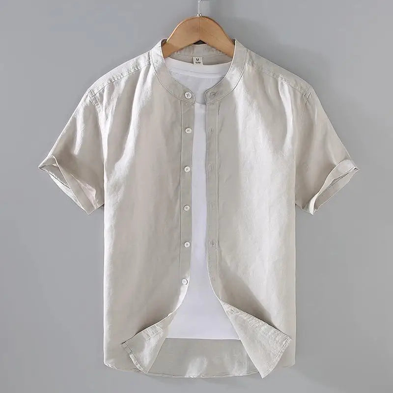 sanyamk Cotton Linen Hot Sale Men's Short-Sleeved Shirts Summer Streetwear Plain Color Stand Collar Casual Beach Style Plus Size M-3XL