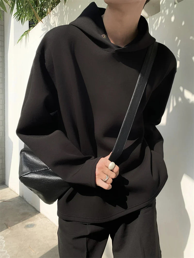 sanyamk  -  Men Solid Color Sets Casual Fashion 2 Piece Sets Space Cotton Stand Collar Button Loose Hoodies And Pants Korea Streetwear Style