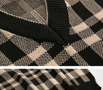 sanyamk Korean Fashion Vintage V-neck Plaid Sweater Male Autumn and Winter Casual Loose Men's V-neck Knitted Sweater for Men Pullover