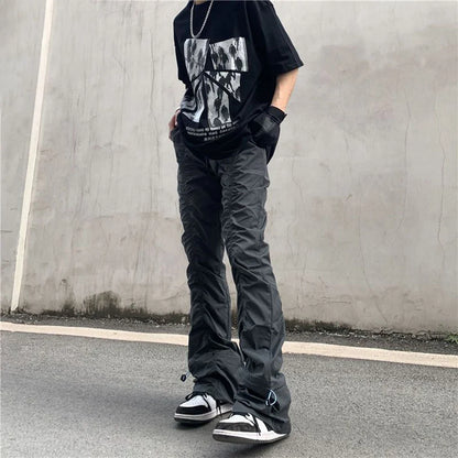 sanyamk New Black Wrinkle Pants Man Harajuku Punk Men's Streetwear Hip Hop Fashion Clothing Casual Tactical Trousers Y2k Goth Flared