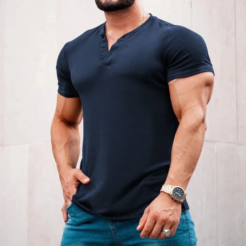 sanyamk Leisure Solid Color Short-sleeved T Shirt Men Clothes Casual Buttoned V Neck Pullover Tops Spring Summer Mens Fashion T-shirts