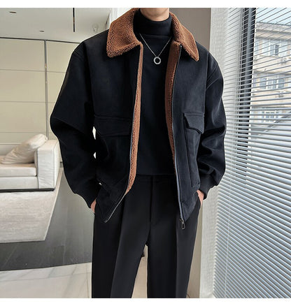 sanyamk Winter Men Lamb Fur Inner Fashion Loose Casual Vintage Short Cargo Jacket Male Japan Korean Streetwear Coat Outerwear