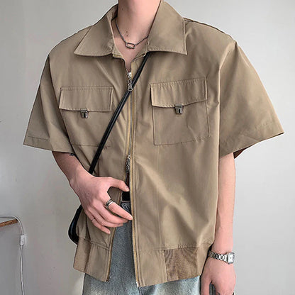 sanyamk 2024 Summer New Mens Fashion Shirts Zipper Turn-down Collar Patchs Pockets Cargo Shirt Men Vintage Y2K Loose Short Sleeve Shirts