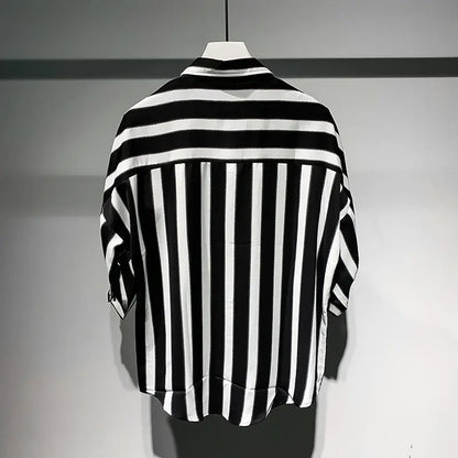 sanyamk 2024 New Summer Trend Fashion Retro Simple Loose Casual Oversize Lapel Black and White Striped Three Quarter Shirt for Men