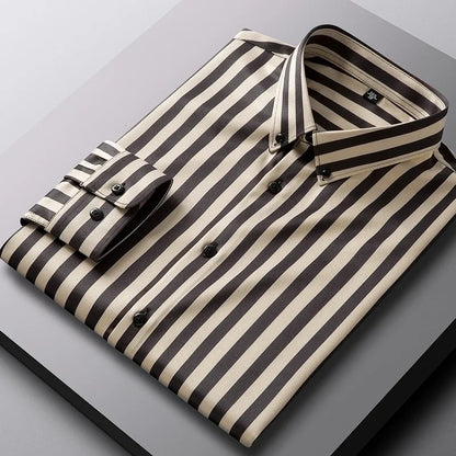 sanyamk Men Spring Summer Comfortable Vertical Striped Strech Mens Dress Shirts Long Sleeve Soft Business Work Shirt  No Pocket Male