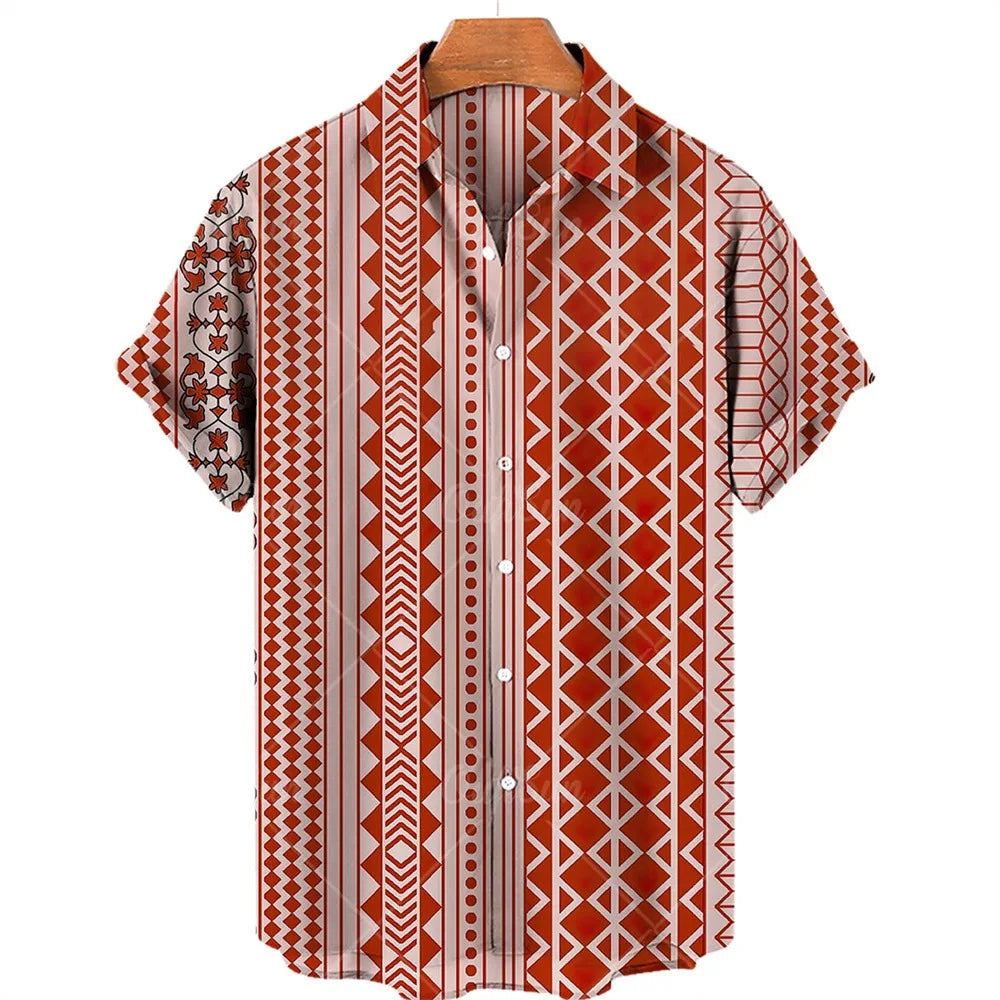 sanyamk New Men's Ethnic Style Printed Short-sleeved Hawaiian Shirt Roll Sleeve Beach Lapel Breathable Loose Top High Street Spring Wear