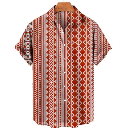 sanyamk New Men's Ethnic Style Printed Short-sleeved Hawaiian Shirt Roll Sleeve Beach Lapel Breathable Loose Top High Street Spring Wear