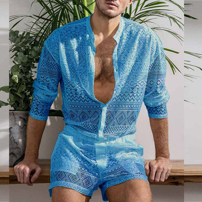 sanyamk New Arrivals Men Set Summer Sexy See Through Lace Outfits Beach Fashion Short Sleeved Tops And Shorts Mens Two Piece Suits