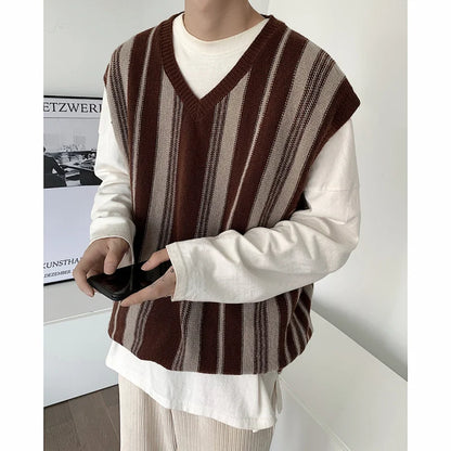 sanyamk Korean Fashion Winter V-neck Mens Sweater Vest Sleeveless Trend Personality Loose Casual College Mens Vintage Knitted Vest V18