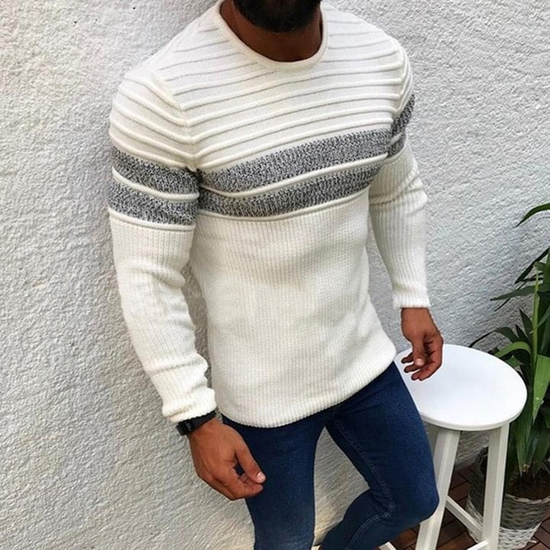 sanyamk Fall Vintage Patchwork Knitted Pullovers Men Clothing Winter Long Sleeve Striped Jumper Top Fashion Streetwear O-neck Sweaters