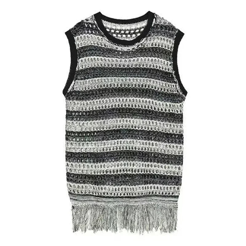 sanyamk Striped Mesh Vest for Men Vintage Knit Tank Tops Sleeveless Tee Male Casual Summer Beach Japanese Streetwear Hip Hop