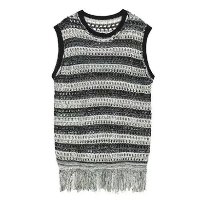 Bonsir Striped Mesh Vest for Men Vintage Knit Tank Tops Sleeveless Tee Male Casual Summer Beach Japanese Streetwear Hip Hop