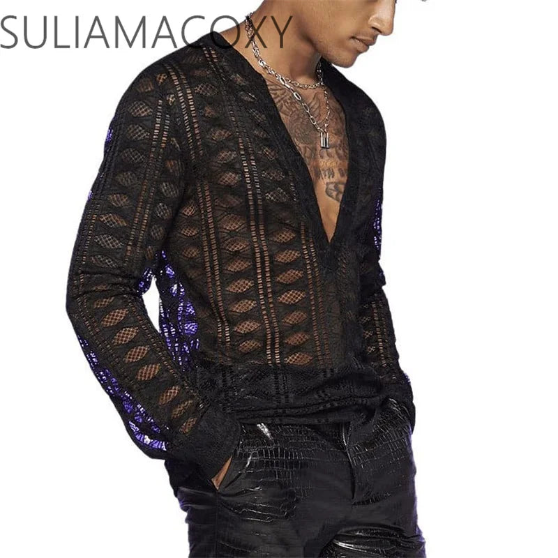 sanyamk Men's V-neck Lace Long Sleeve T-shirt See-through Mesh Stretch Shirt