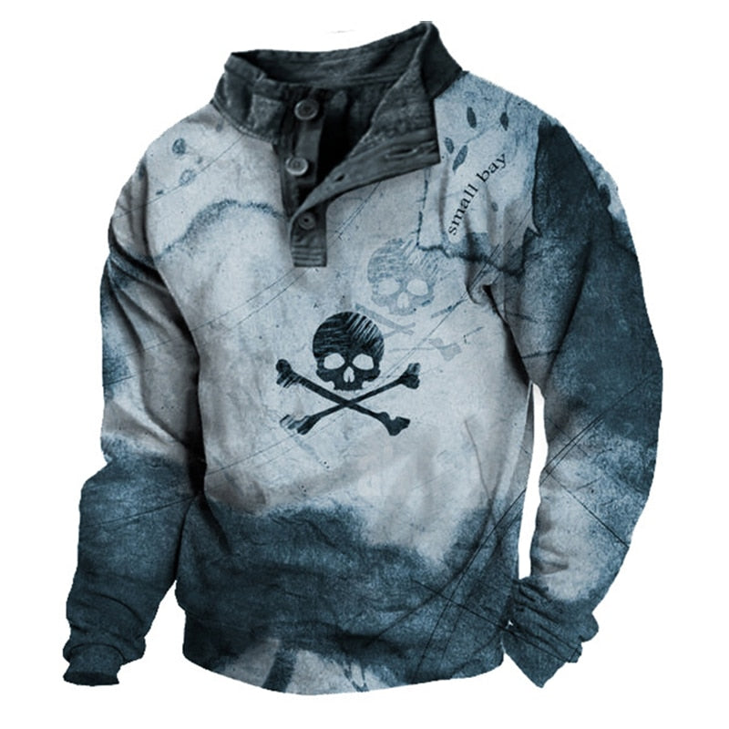 Bonsir Streetwear Mens Fashion Skull Printing Tops  Autumn Winter Long Sleeve Buttoned Stand Collar Pullovers Casual Mens T-Shirts