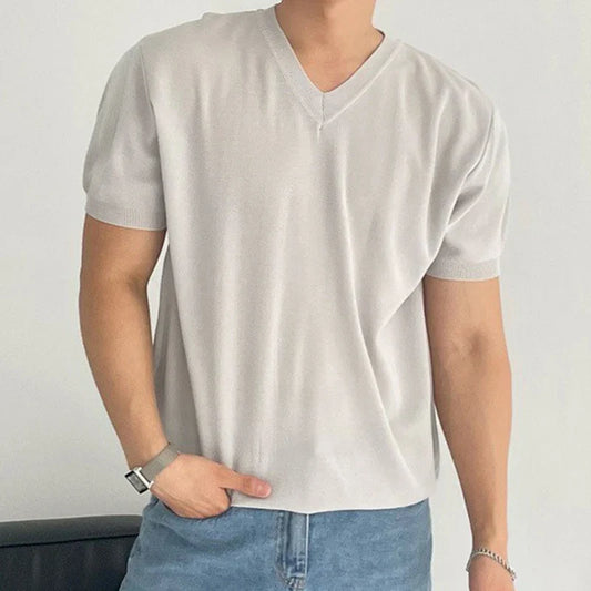 sanyamk  - Summer Casual Solid Color Knit T Shirt Men Fashion Short-sleeved V Neck T-shirts Vintage Mens Clothes Knitwear Male Streetwear