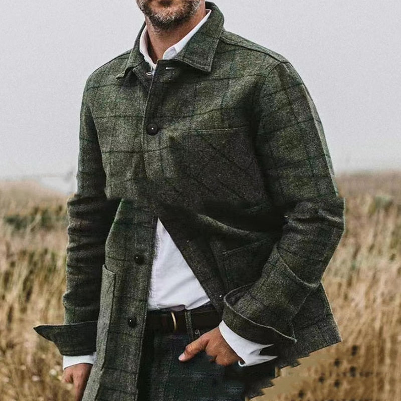 sanyamk Vintage Jackets Men Autumn Winter Coats Fashion Plaid Print Long Sleeve Turn-down Collar Button Outerwear Mens Casual Cardigans