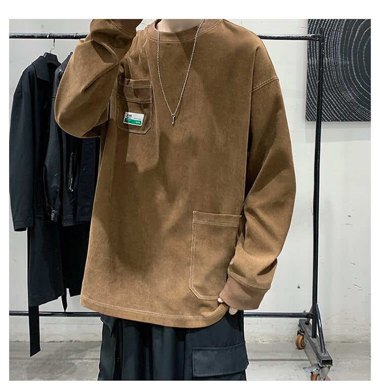 sanyamk Y2k Corduroy Pockets Graphic T Shirts Long Sleeve 2022 Harajuku Streetwear Hip Hop Oversized T-shirts Funny Black Tee