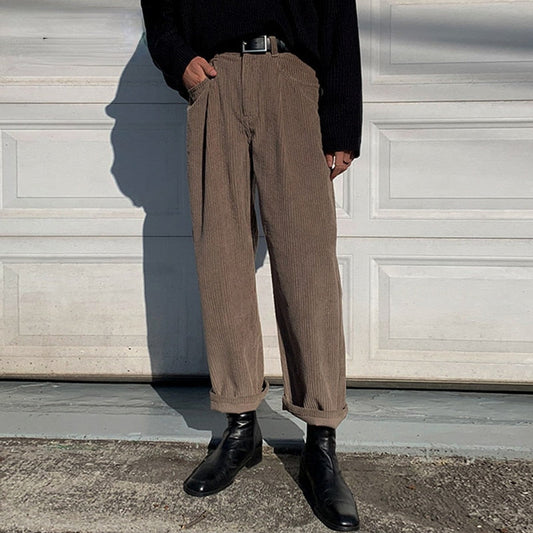 Bonsir Corduroy Pants Men Autumn Winter Korean Fashion Loose Versatile Straight Wide Leg Solid Color Pleated Male Trousers