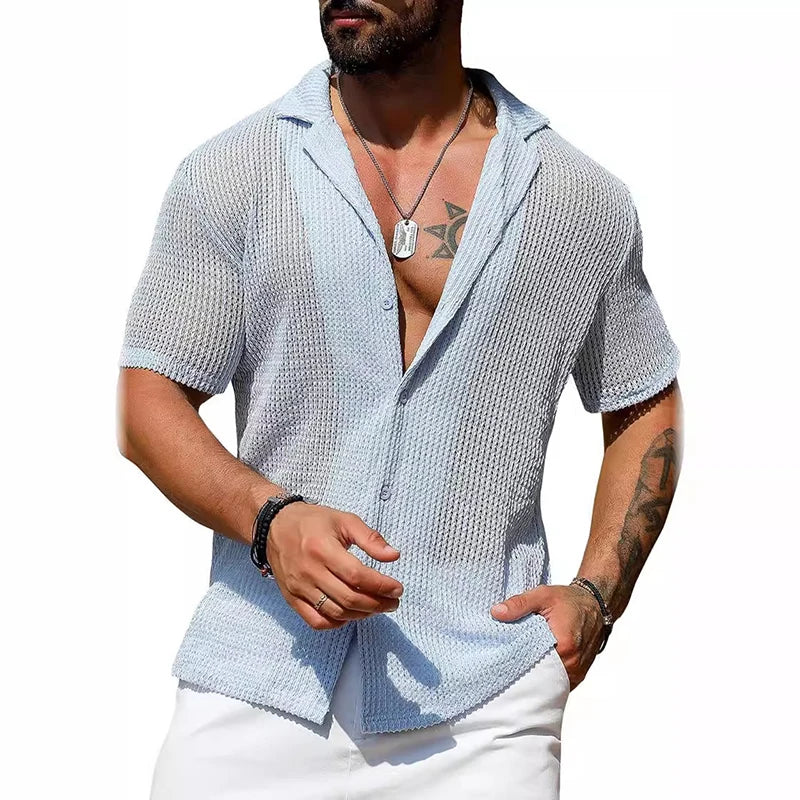 sanyamk Sexy Hollow Out Breathable Knitted Shirt Men Summer Beach See Through Casual Shirts Mens Short Sleeve Button Solid Color Shirts