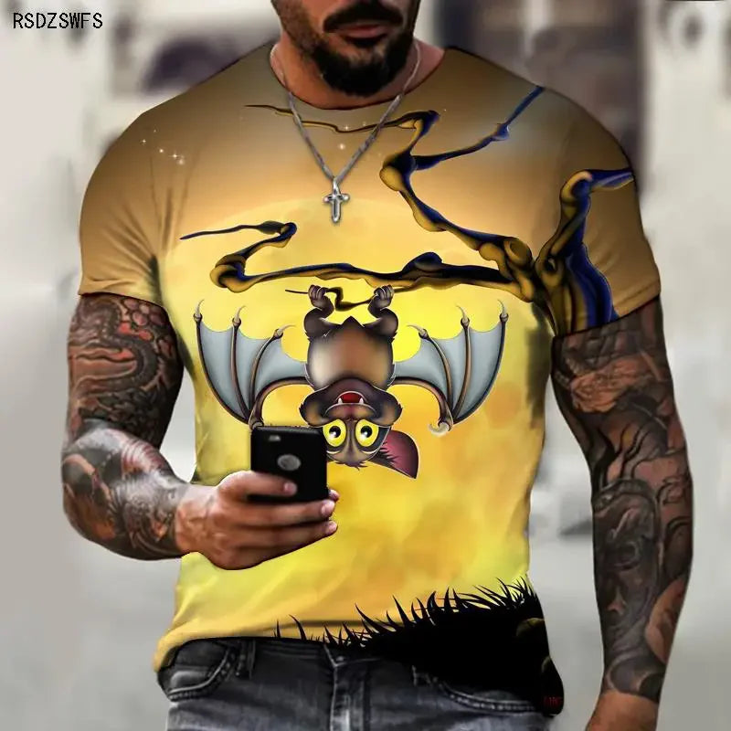 sanyamk Halloween Summer Men's New T-shirt 3D Printed Bat Pattern Fashionable, Casual, Comfortable Street Plus Size