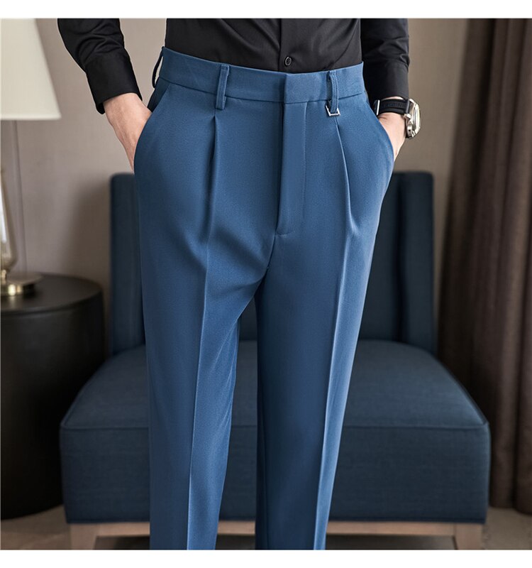 sanyamk Autumn Winter Thickening Business Dress Pants Men Elastic Slim Fit Suit Pants Solid Color Casual Office Social Trousers