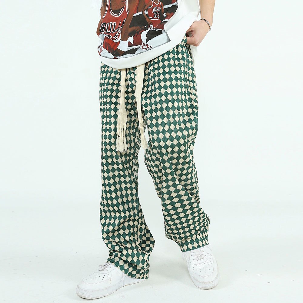 Bonsir Checkerboard Casual Pants Men's Street Tide Brand Elastic Waist Green Plaid Wide Leg Pants Drawstring Drape Sports Trousers