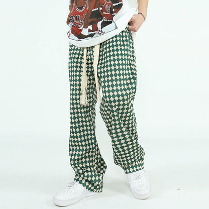 Bonsir Checkerboard Casual Pants Men's Street Tide Brand Elastic Waist Green Plaid Wide Leg Pants Drawstring Drape Sports Trousers