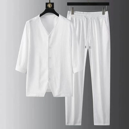 Bonsir Spring Summer New Half Sleeve Shirt And Trousers Men Two Piece Set Fashion Linent Suit Male Casual Solid Vintage Breathe Suit