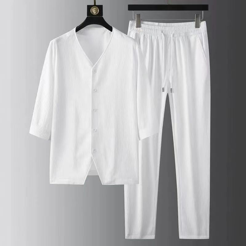 Bonsir Spring Summer New Half Sleeve Shirt And Trousers Men Two Piece Set Fashion Linent Suit Male Casual Solid Vintage Breathe Suit