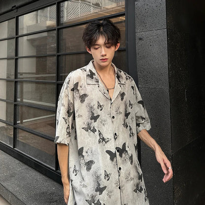 Bonsir Summer Butterfly Printed Tie-dye Shirt Men Windsor Collar Loose Casual Short Sleeve Shirts Oversize Streetwear Boy Girl Blouses