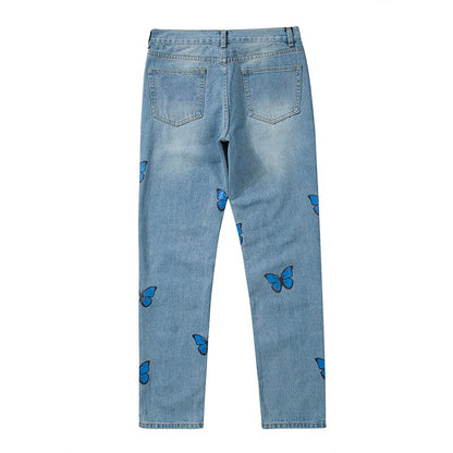 sanyamk Harajuku Butterfly Print Washed Blue Jenas Pants for Mens Retro Straight Vibe Style Ripped Casual Denim Trousers Oversized